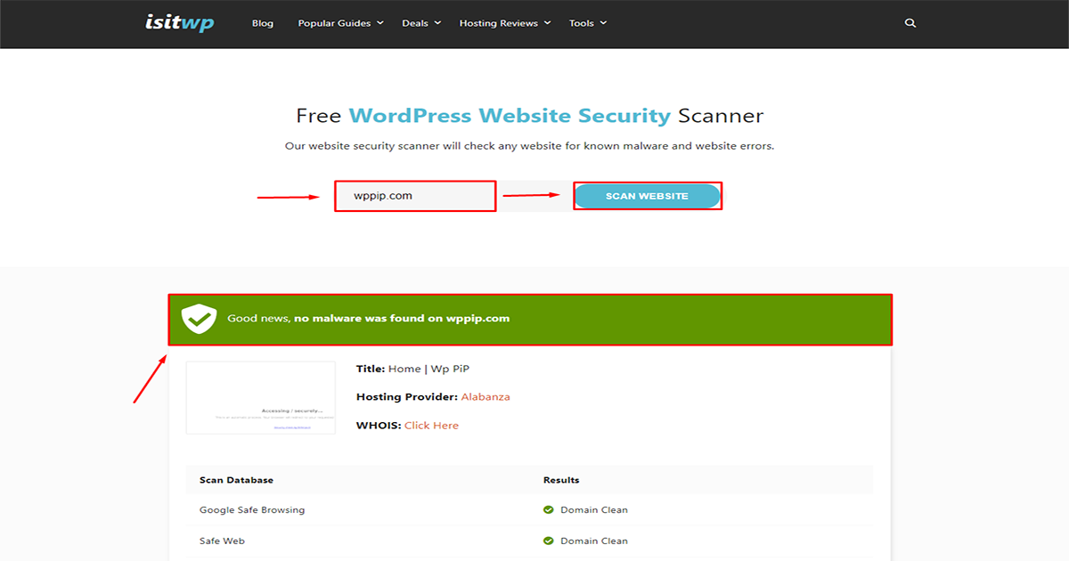 Malware scan results at isitwp.com for WordPress malware protection