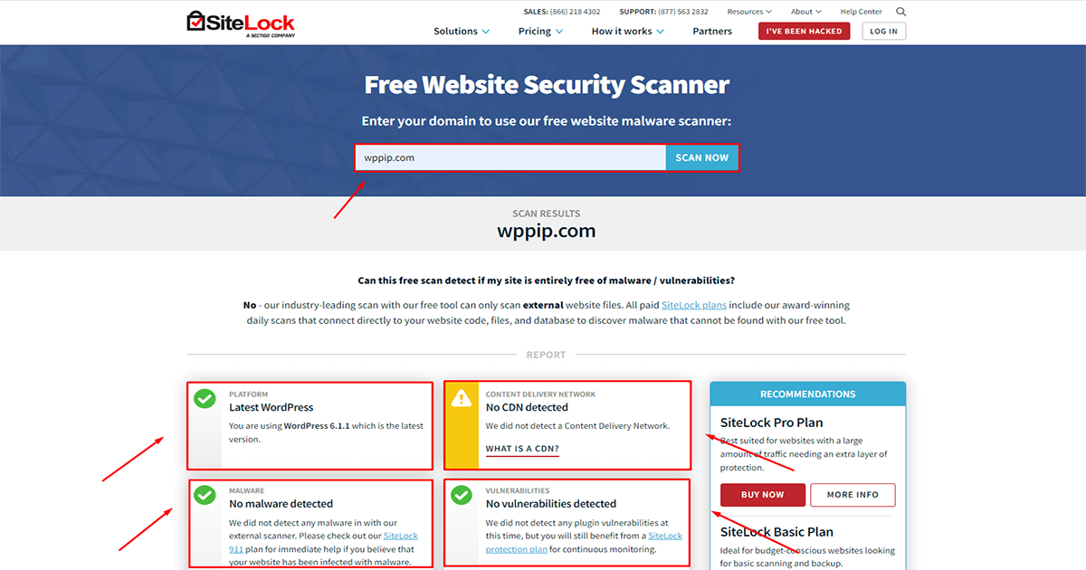 Malware scan results at sitelock.com for WordPress malware protection