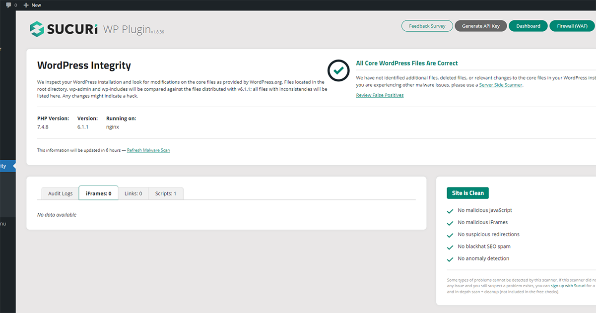 Malware scan results at sucuri for WordPress malware protection