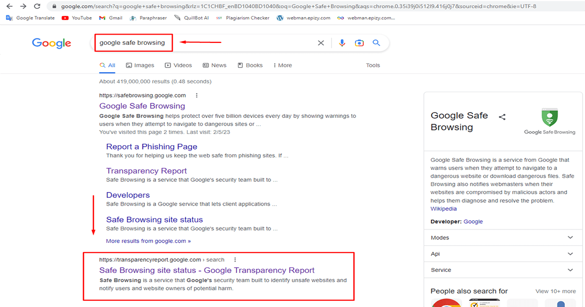 Search for Google Safe Browsing in the Google search engine for WordPress malware protection