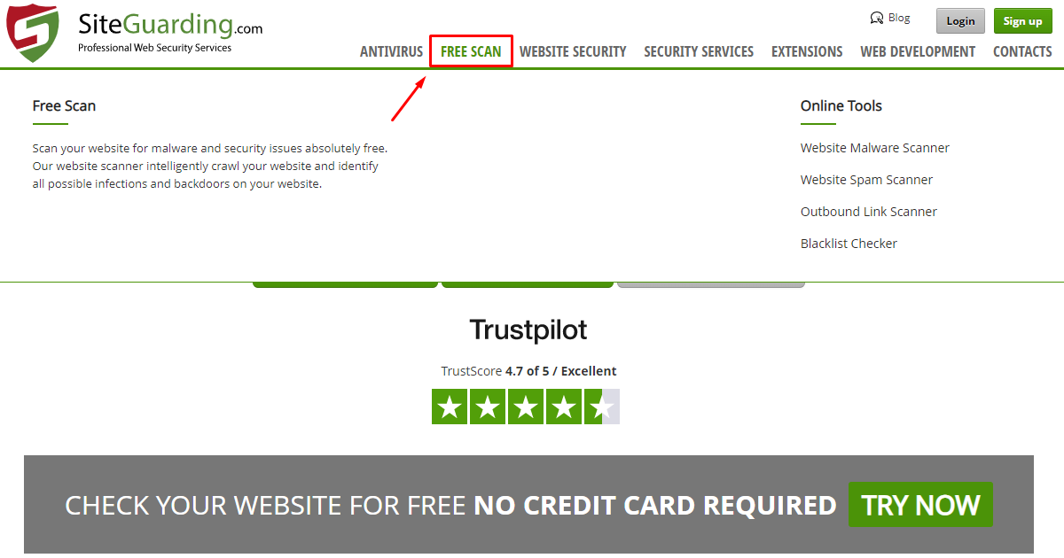 click free scan on siteguarding for WordPress malware protection