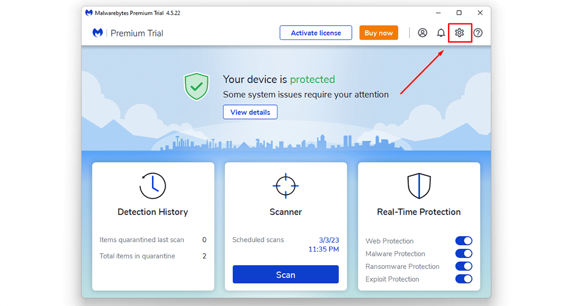 click on the arrow sport on Malwarebytes for WordPress malware protection