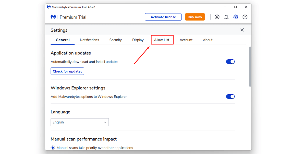 click to allow list from the settings option on Malwarebytes for WordPress malware protection