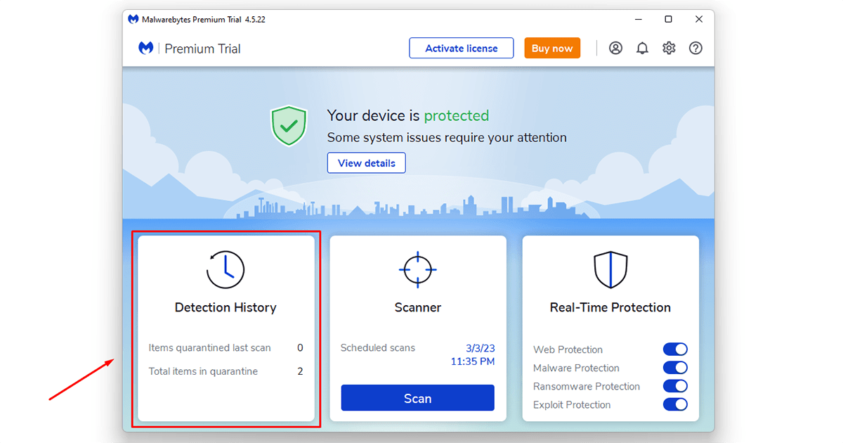 click to detection history on Malwarebytes for WordPress malware protection