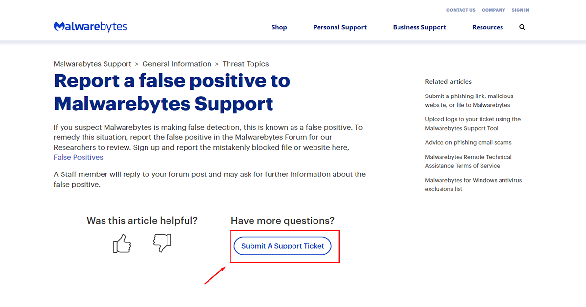 click to submit a support ticket on Malwarebytes for WordPress malware removal