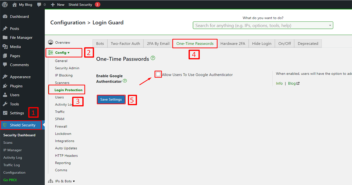 enable 2FA on shield security plugin for WordPress malware protection