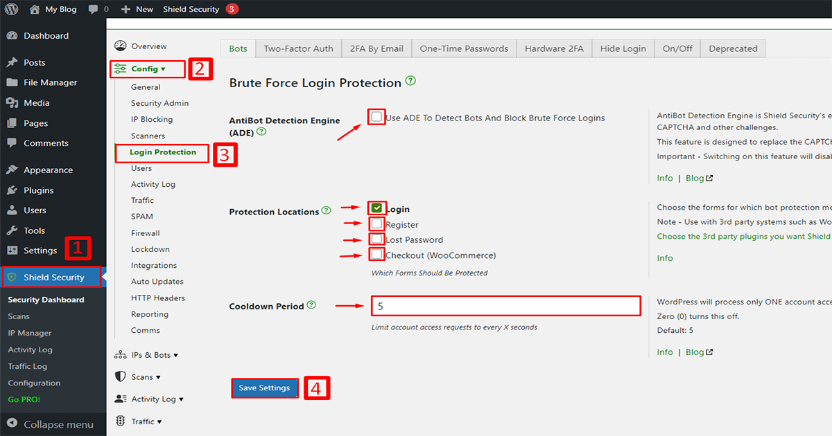 enable brute force protection on shield security plugin for WordPress malware protection