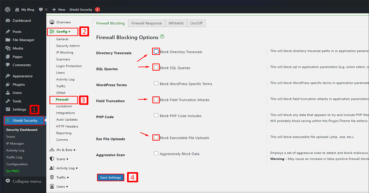 enable firewall on shield security plugin for WordPress malware protection