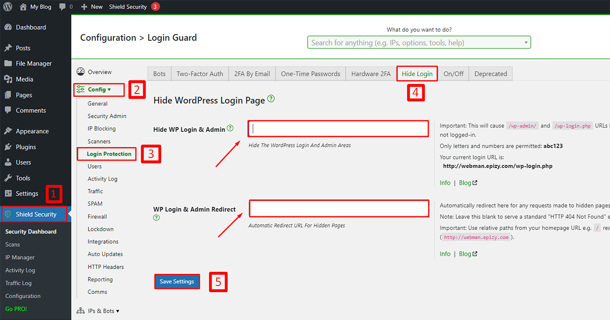 enable hide wp-login URL on shield security plugin for WordPress malware protection