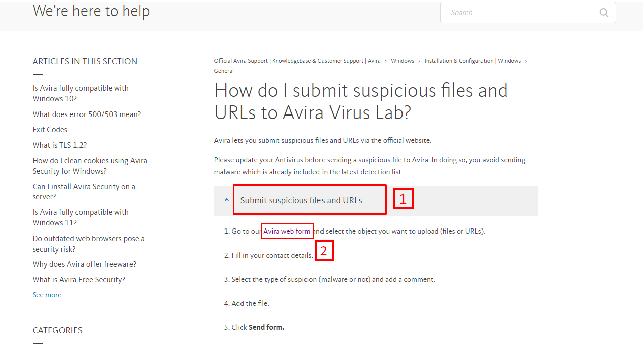 first page on avira support for WordPress malware protection