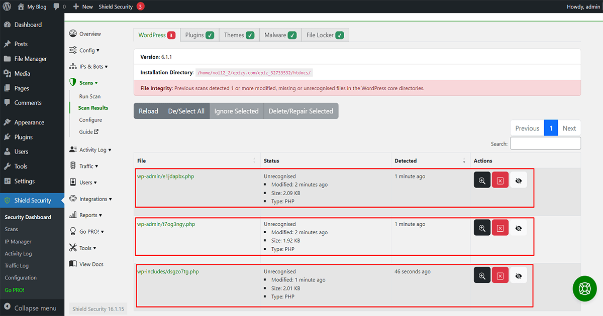 malware scan result on shield security plugin for WordPress malware removal