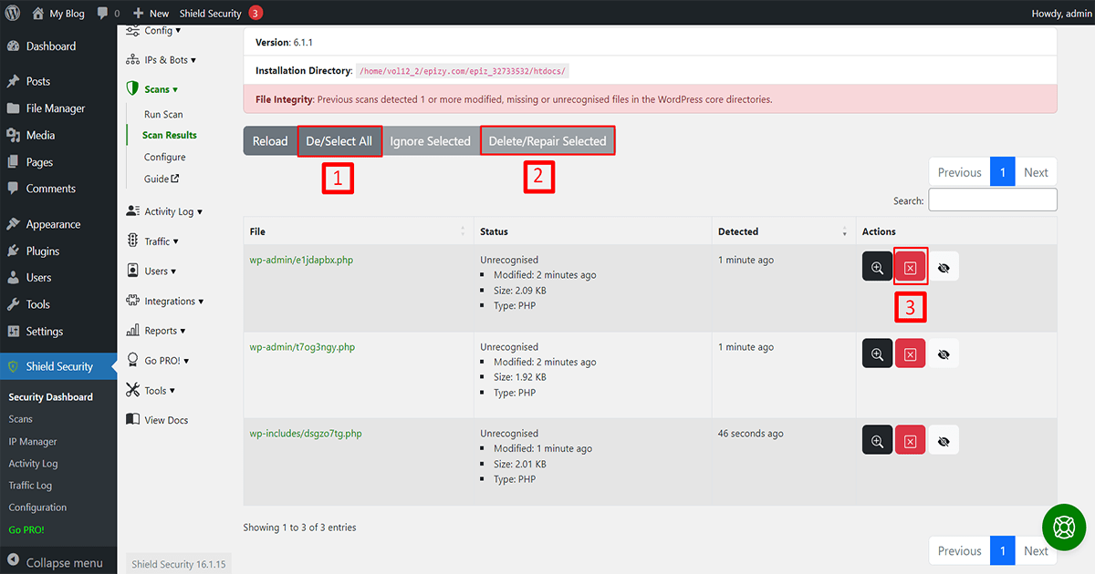 manual malware delete process on shield security plugin for WordPress malware protection