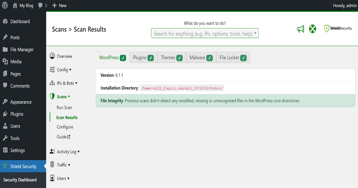 normal malware scan result on shield security plugin for WordPress malware removal