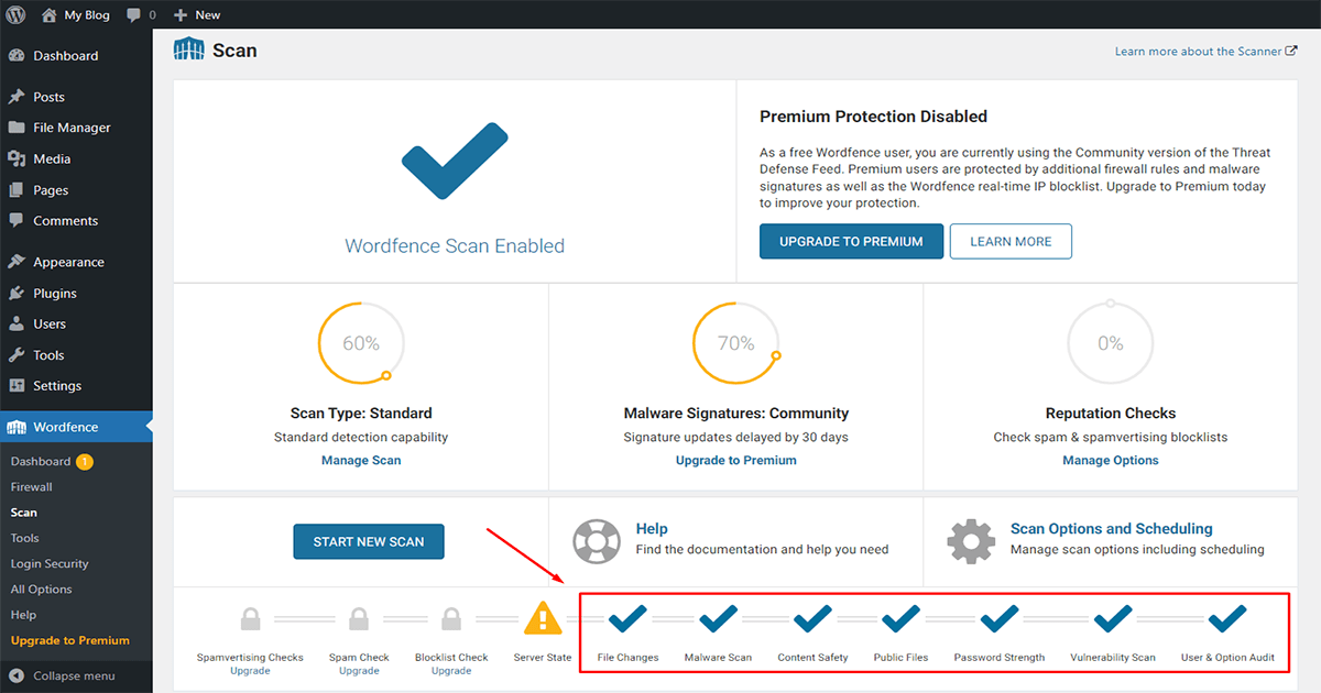 normal malware scan result on wordfence security plugin for WordPress malware removal