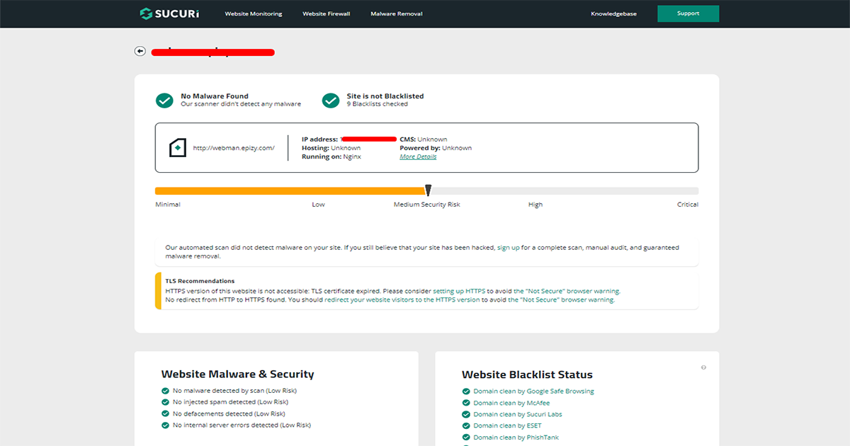 result on securi online scanner for WordPress malware protection