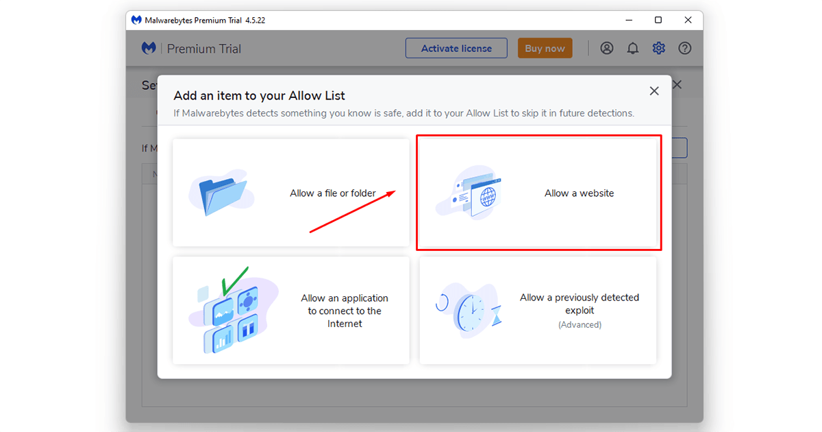 select your item from the settings option on Malwarebytes for WordPress malware protection