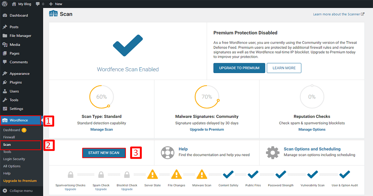 start scan process on wordfence for WordPress malware protection