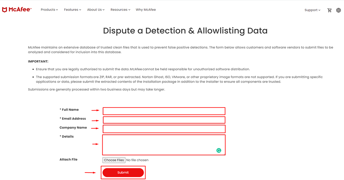 submit the form on Mcafee for WordPress malware removal