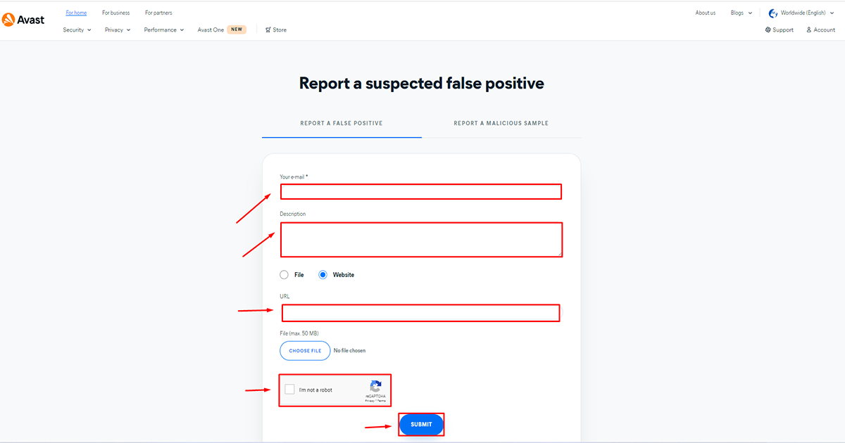 submit the form on avast for WordPress malware removal