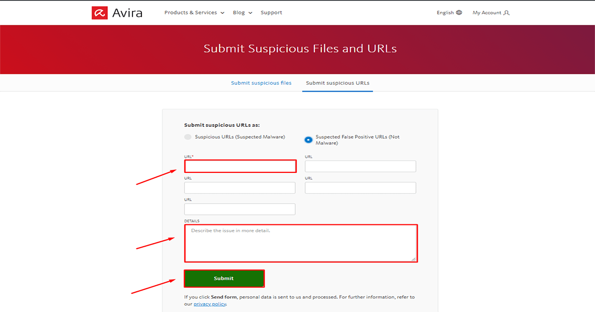 submit the form on avira for WordPress malware removal