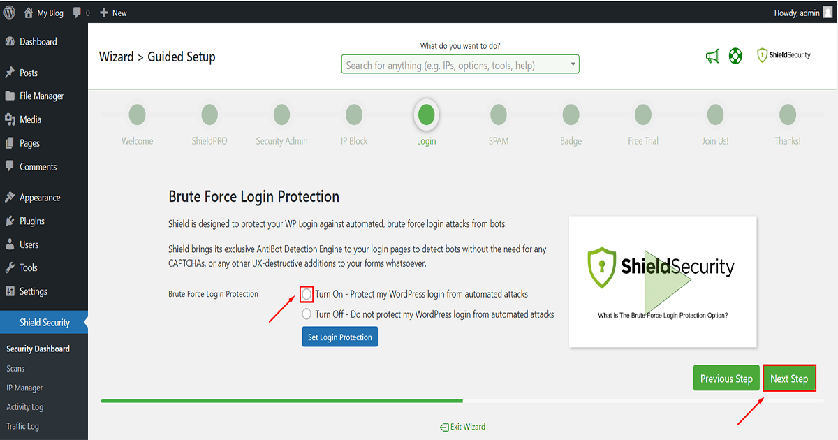 turn on brute force on shield security plugin for WordPress malware protection