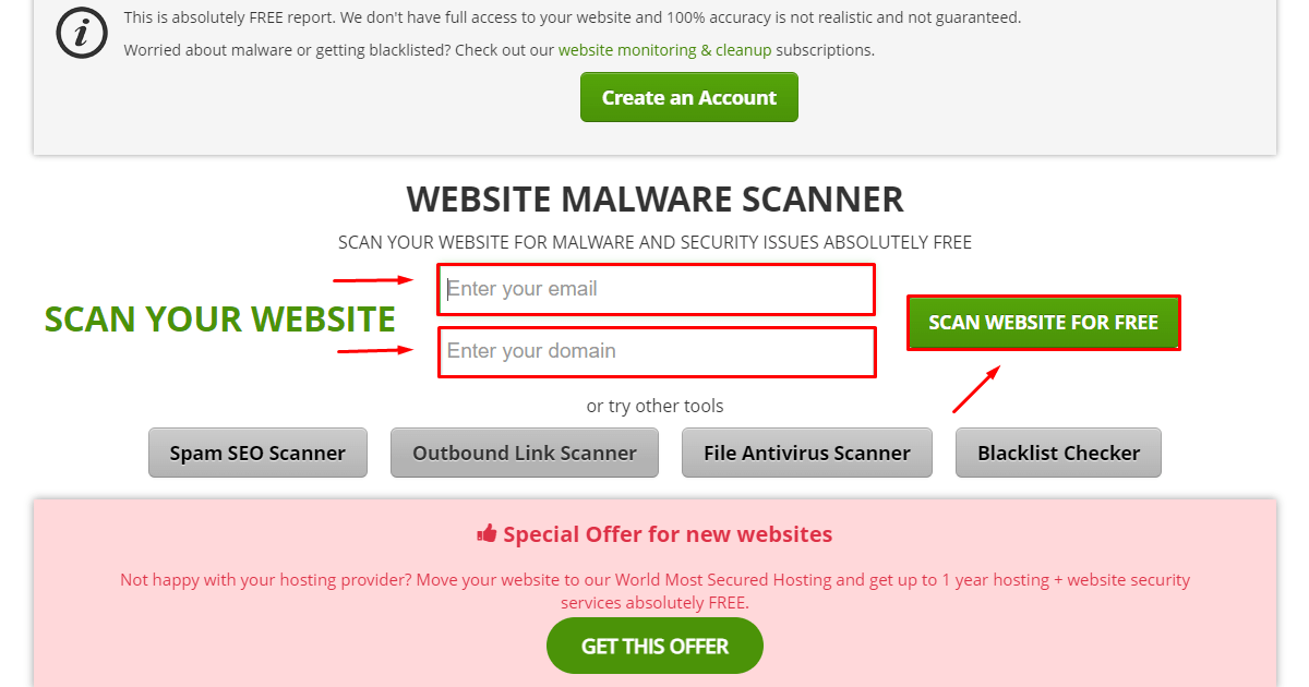 type your URL and mail on siteguarding for WordPress malware detection