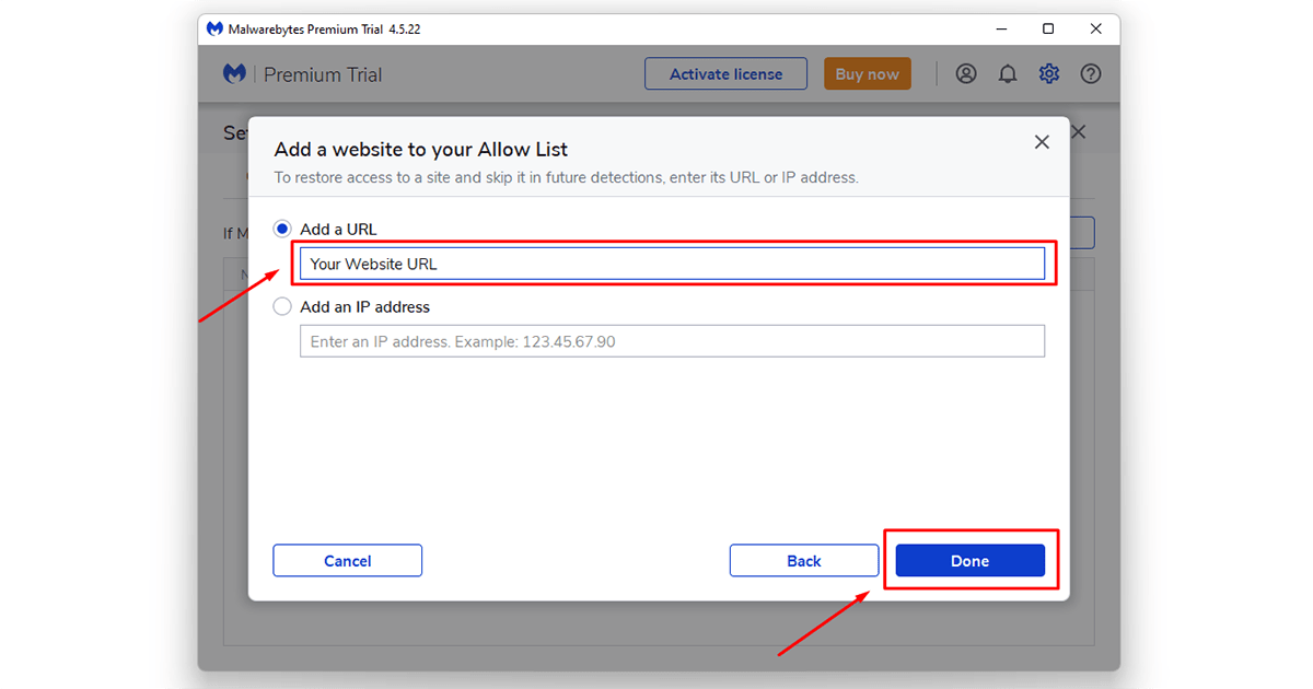 type your URL of the settings option on Malwarebytes for WordPress malware protection