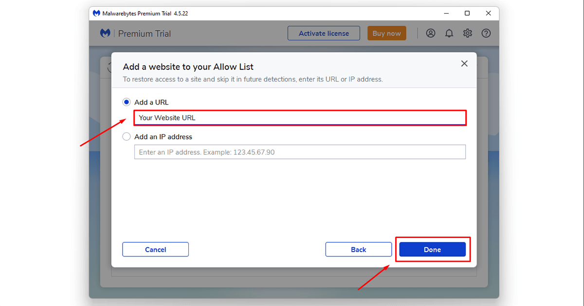 type your URL on Malwarebytes for WordPress malware protection