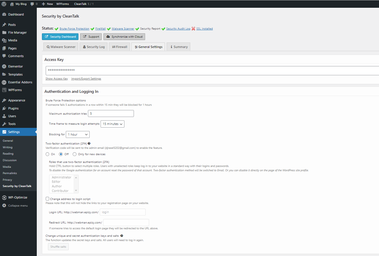 2FA set up on the security plugin for wordpress malware protection