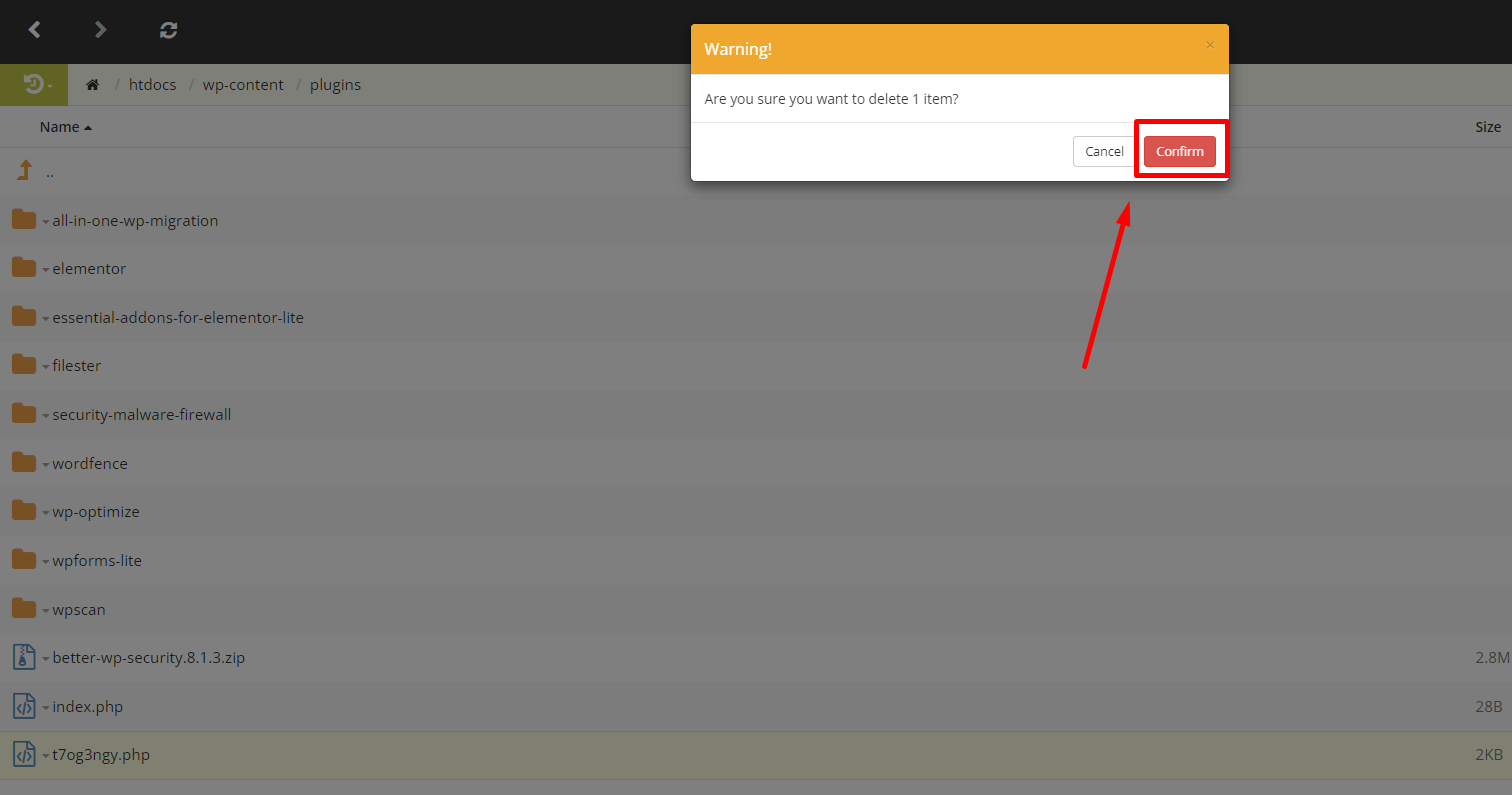 confirm to delete malware file on your CPanel for wordpress malware removal