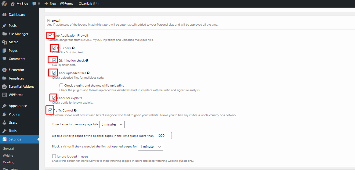 firewall setup on the security plugin for wordpress malware protection