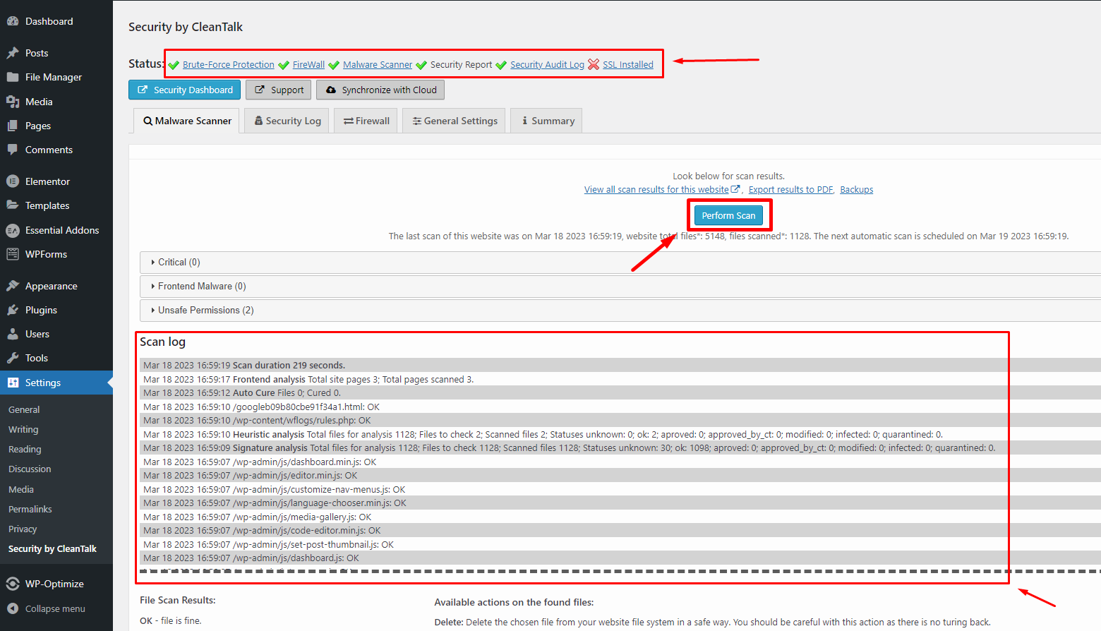 scan process on security plugin for wordpress malware protection