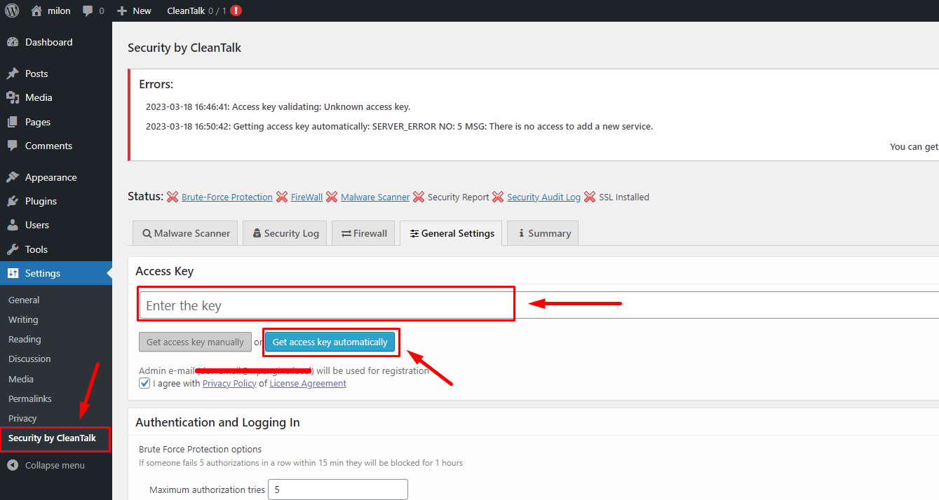 type access key on security plugin for wordpress malware protection